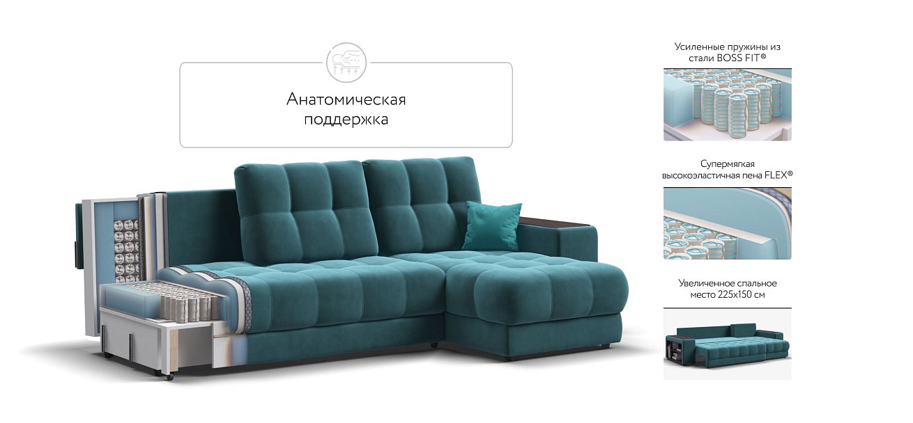 Угловой диван BOSS 3.0 XL велюр Monolit зеленый