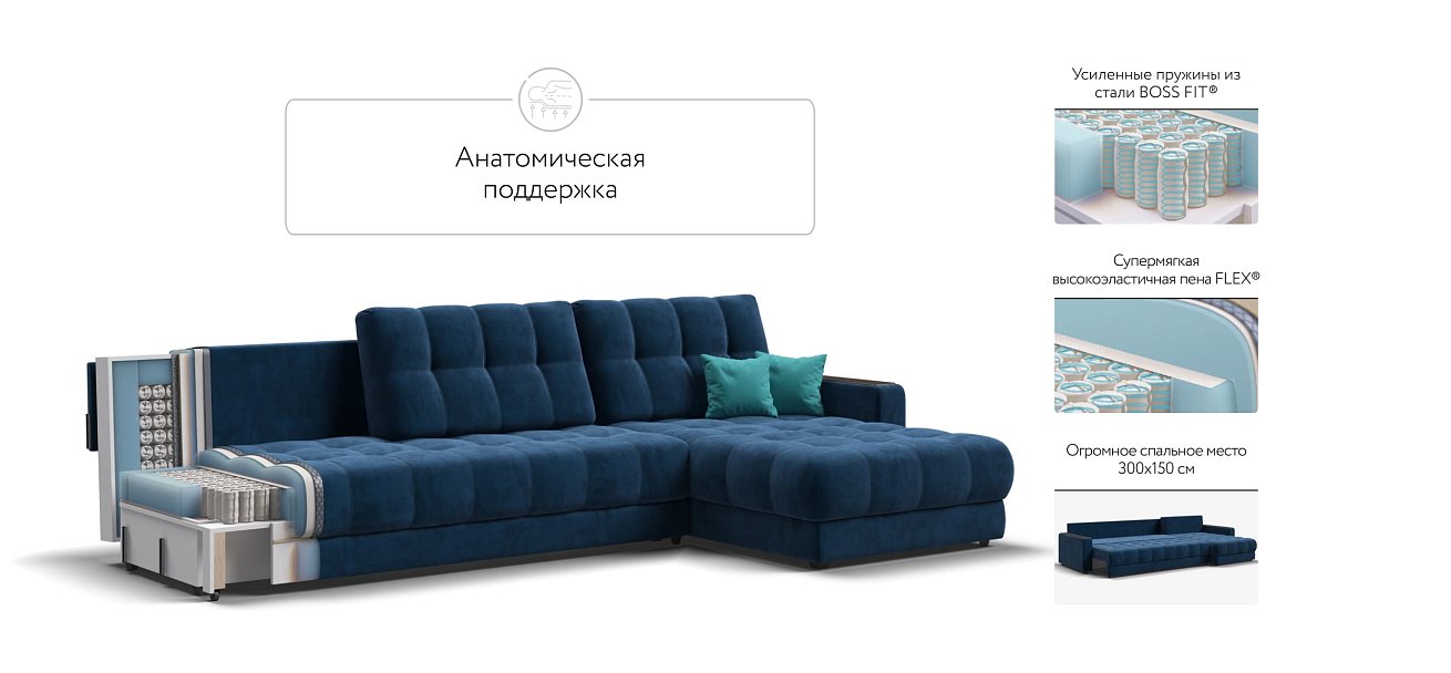 Угловой диван BOSS 3.0 MAX велюр Monolit синий