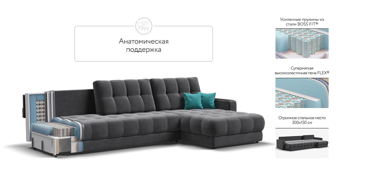 Угловой диван BOSS 3.0 MAX велюр Monolit серый