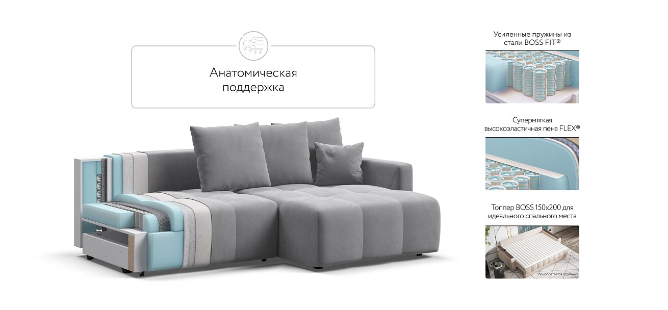 Угловой диван BOSS TREND Велюр Monolit сталь