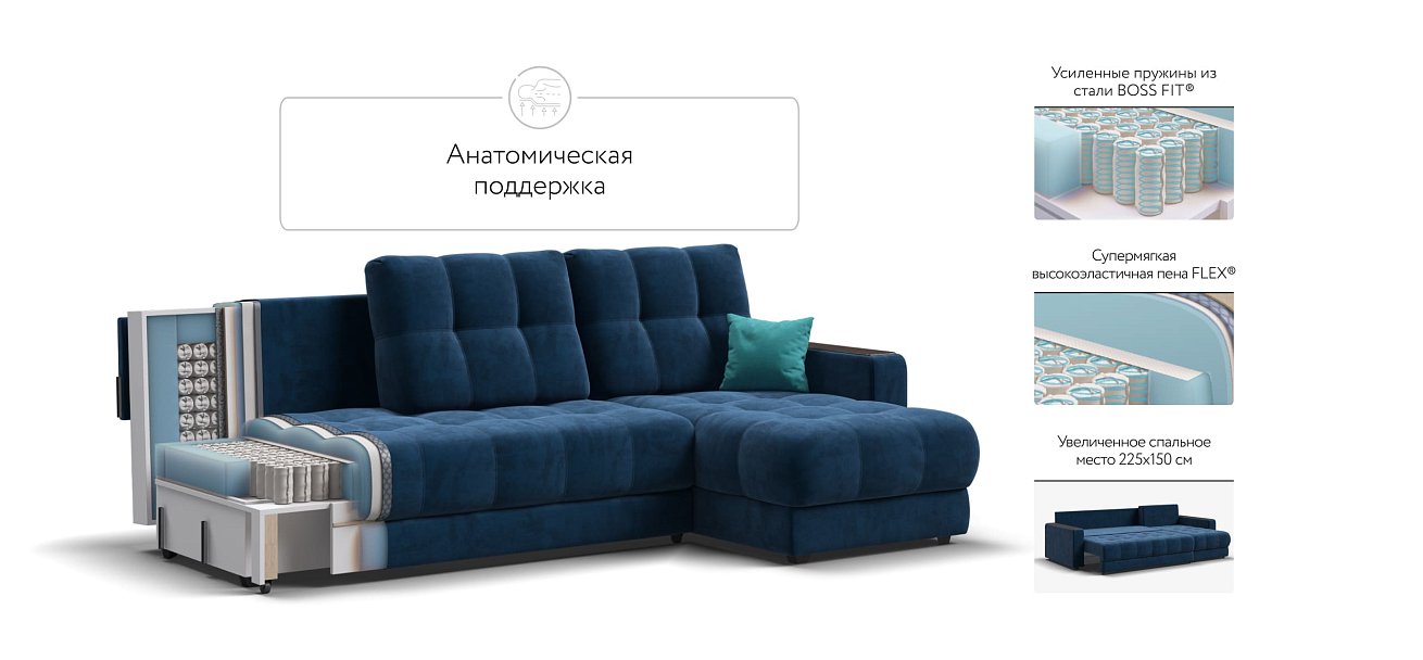 Угловой диван BOSS 3.0 Classic XL велюр Monolit синий