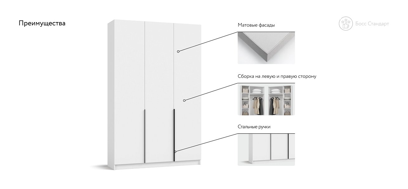 Босс Стандарт 135*220 шкаф распашной 3Д Белый