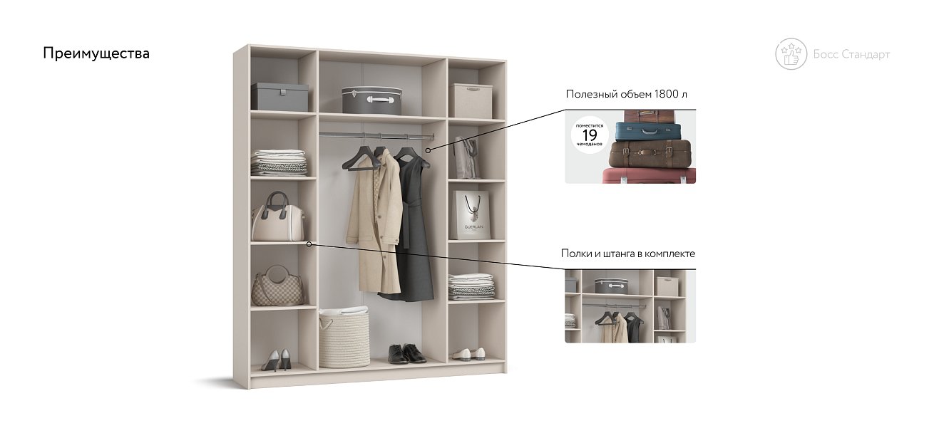 Босс Стандарт 180*220 шкаф распашной 4Д Кашемир