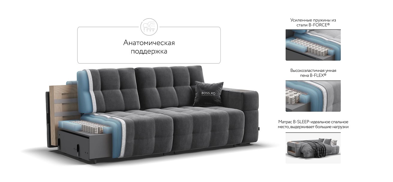Диван BOSS.XO велюр Monolit серый / WOOD Rock