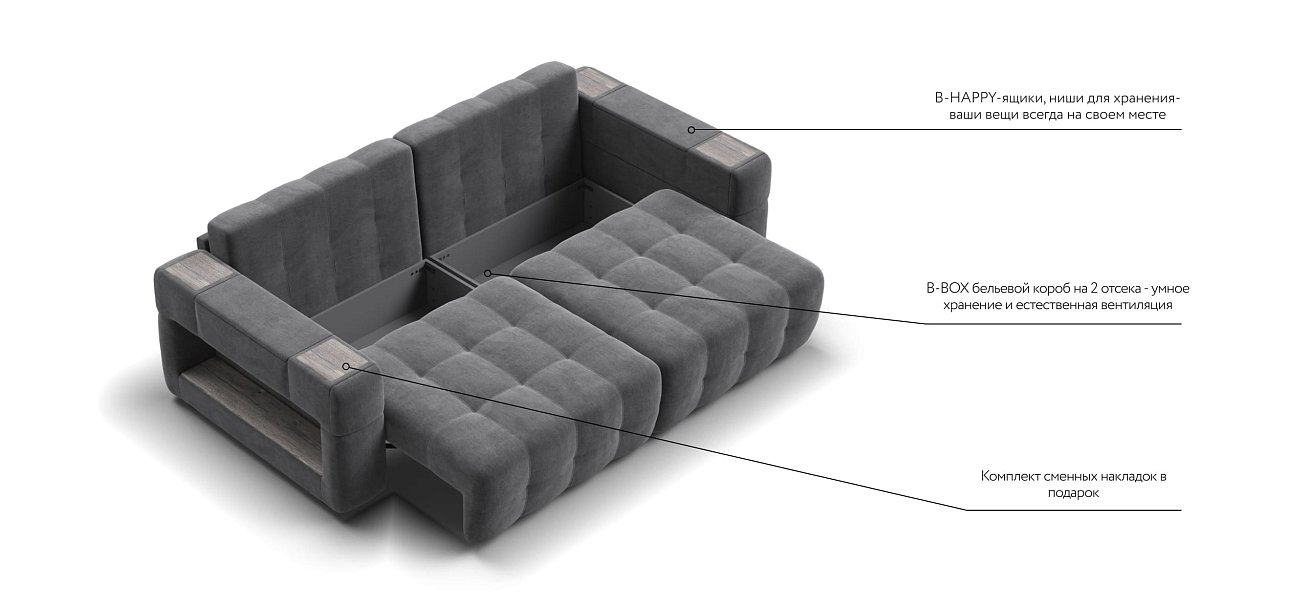 Диван BOSS.XO велюр Monolit серый / WOOD Rock