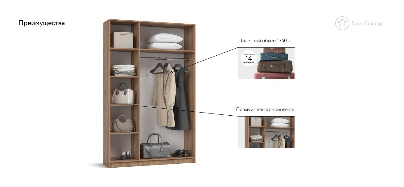 Босс Стандарт 135*220 шкаф распашной 3Д Орех Селект