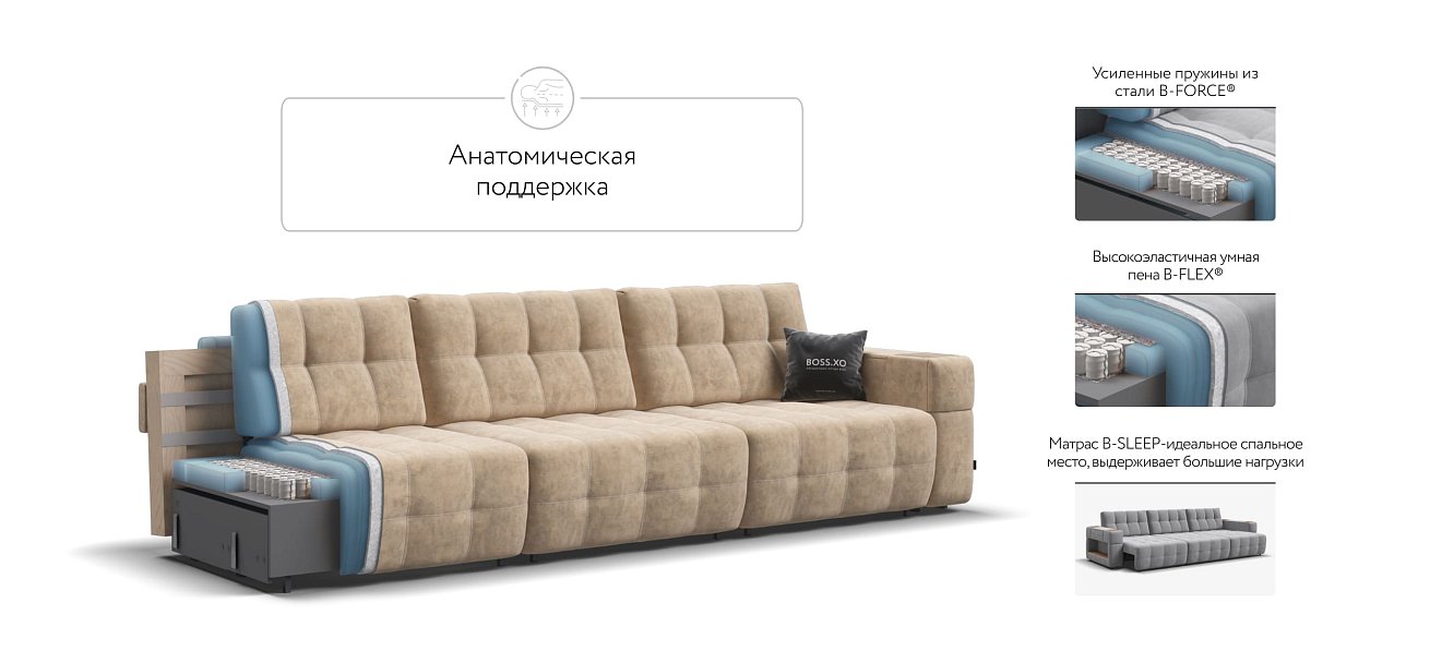 Диван BOSS.XO MAX Велюр Royal шампань / WOOD Snow