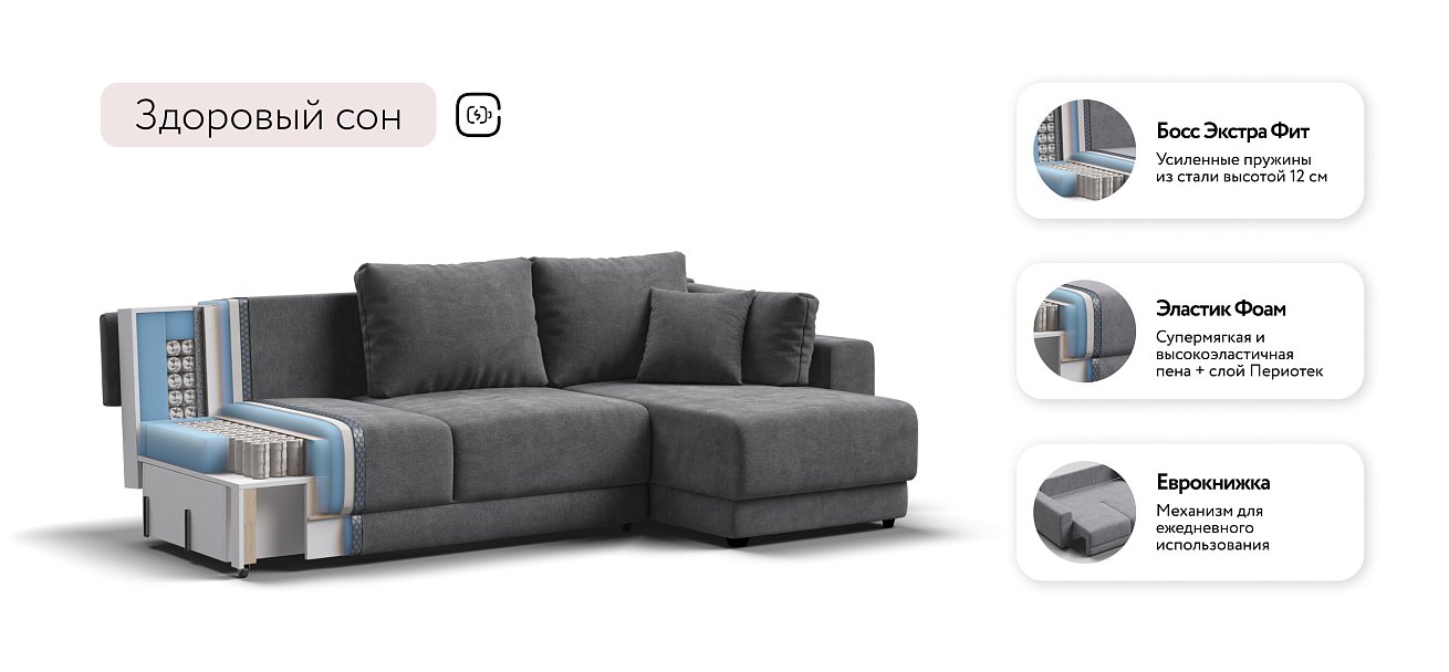 Угловой диван Босс Прайм ХЛ Шенилл CLOUD графит