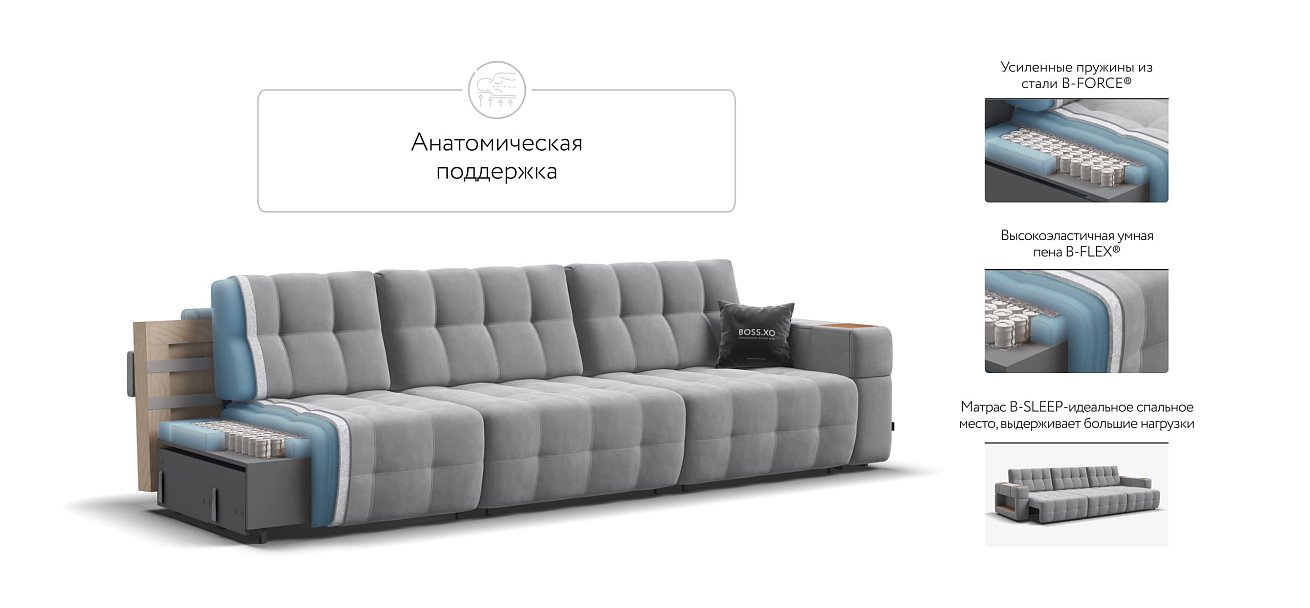 Диван BOSS.XO MAX велюр Monolit сталь / WOOD Smok