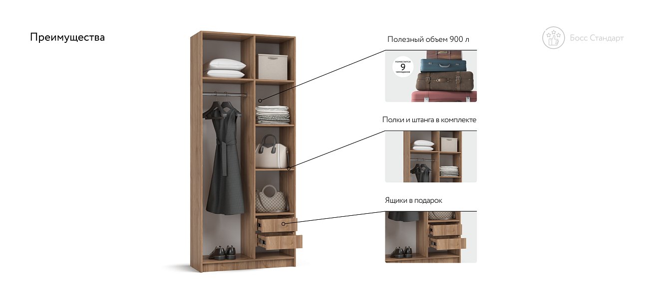 Босс Стандарт 90*220 шкаф распашной 2Д + ящики Орех Селект