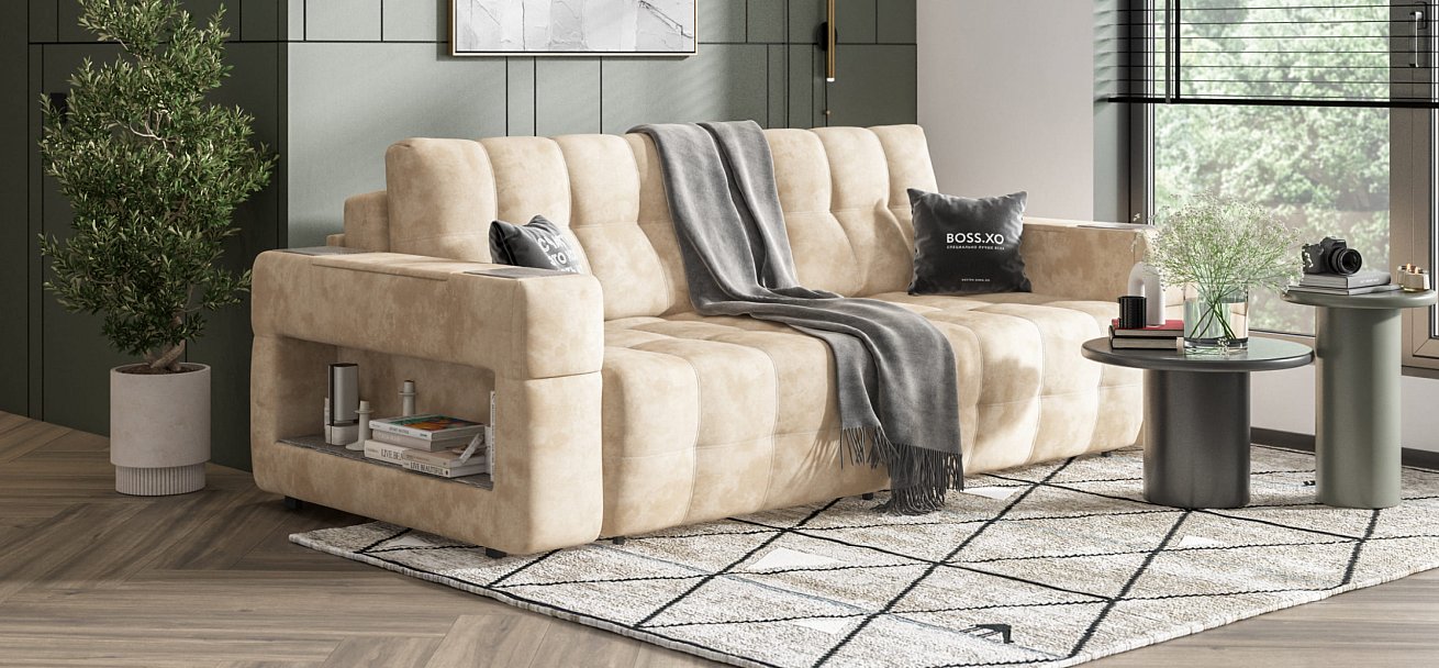 Диван BOSS.XO велюр Alkantara пепел / WOOD Rock