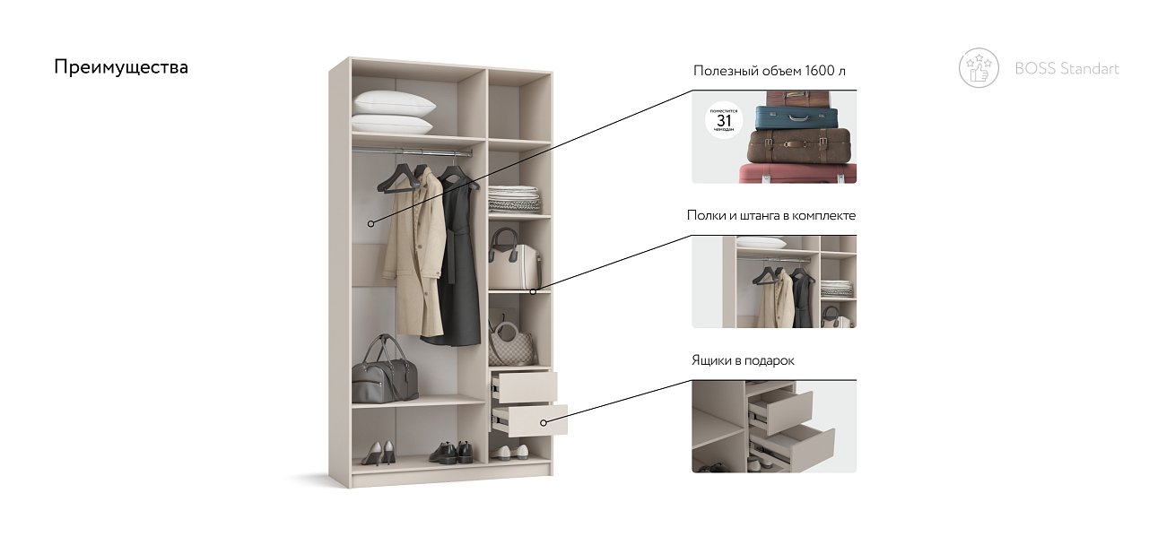 Шкаф BOSS STANDART 120 - 3Д Кашемир серый