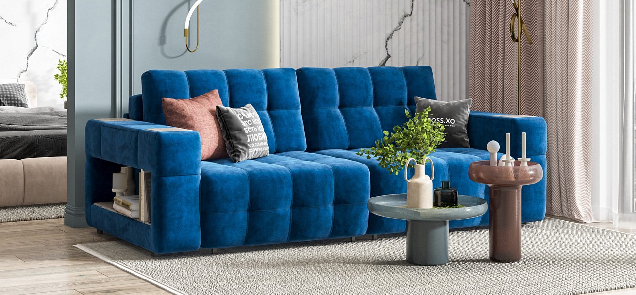Диван BOSS.XO велюр Monolit синий / WOOD Rock