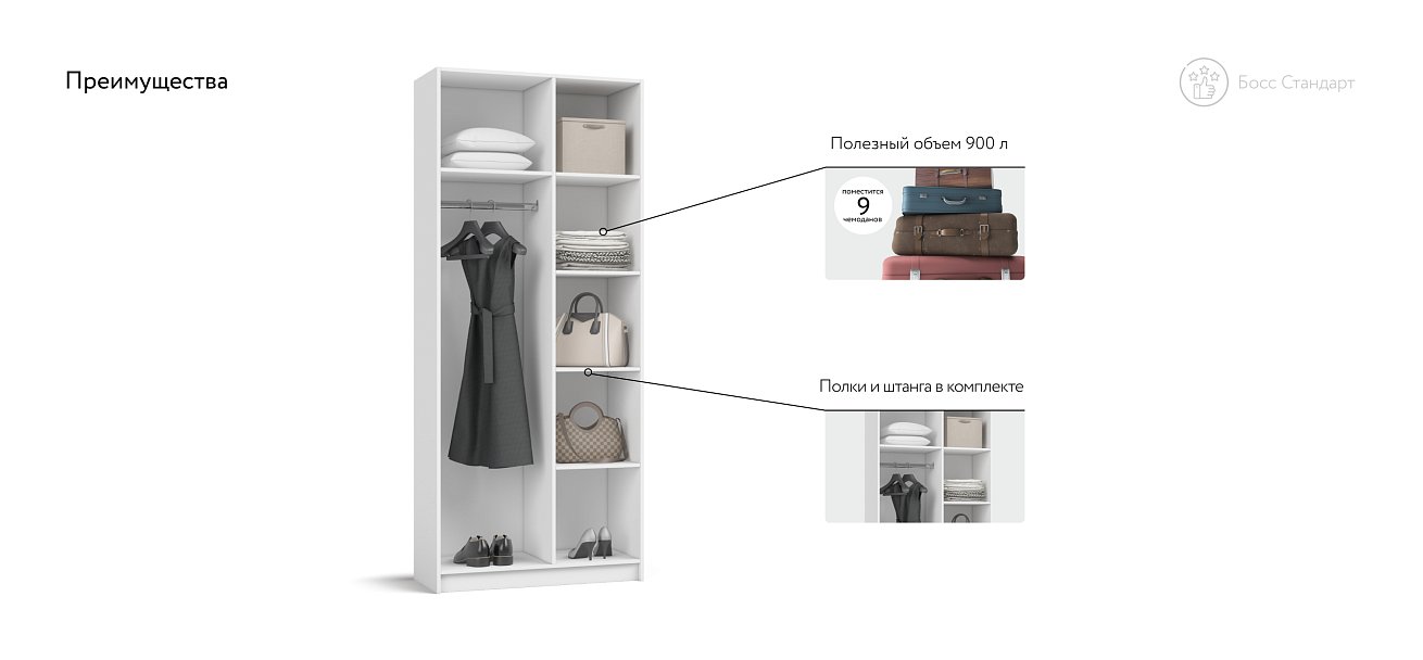 Босс Стандарт 90*220 шкаф распашной 2Д Белый