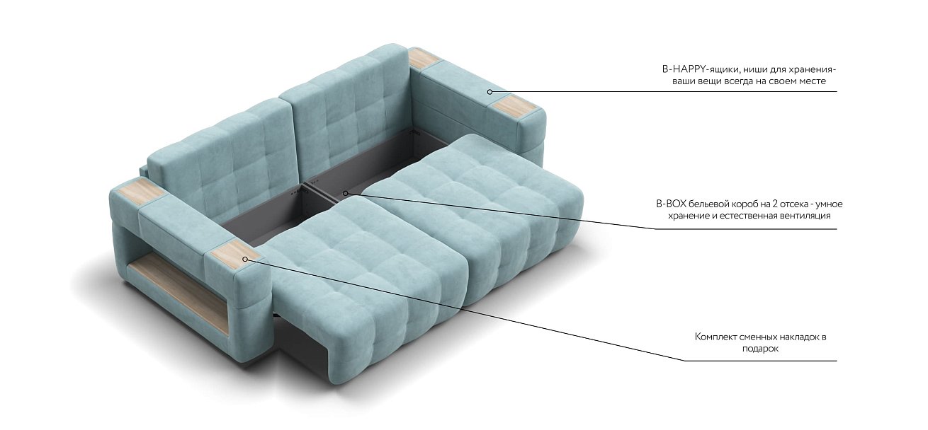 Диван BOSS.XO велюр Monolit аква / WOOD Snow