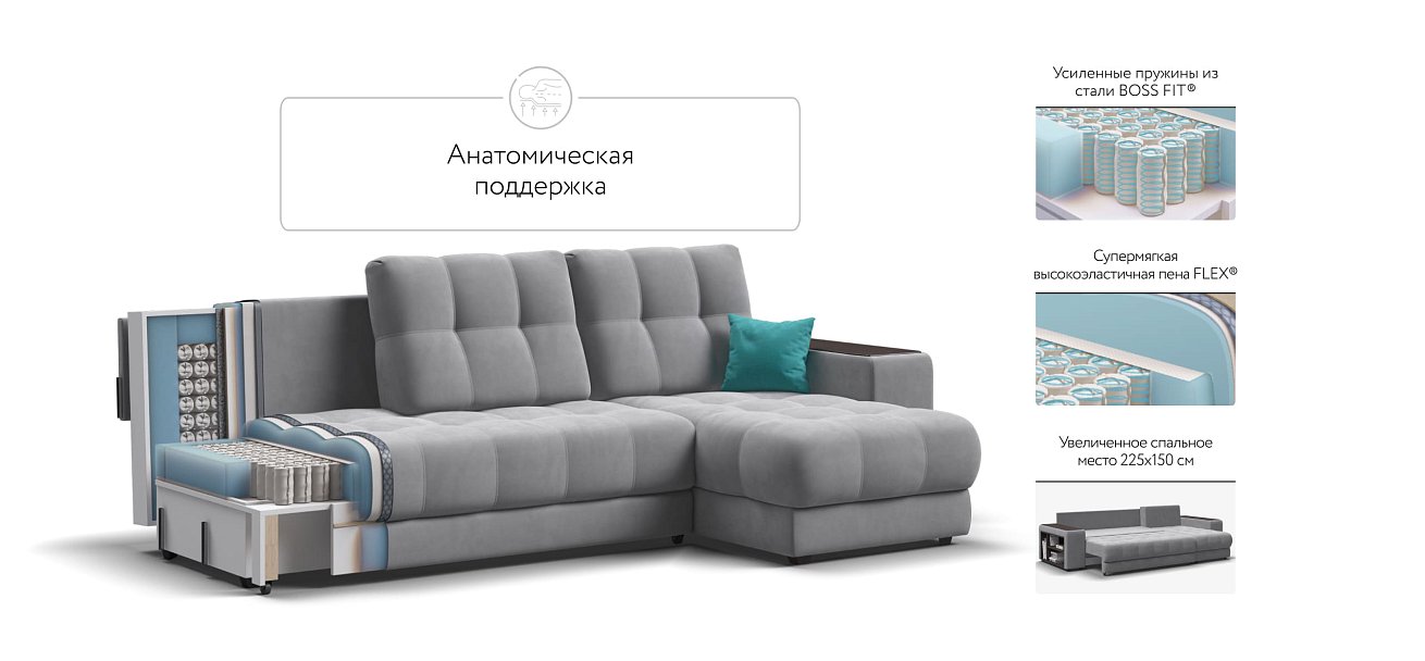 Угловой диван BOSS 3.0 XL велюр Monolit сталь