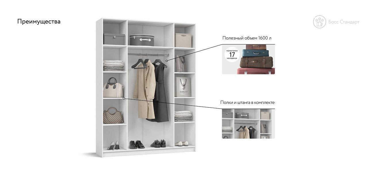 Босс Стандарт 160*220 шкаф распашной 4Д Белый