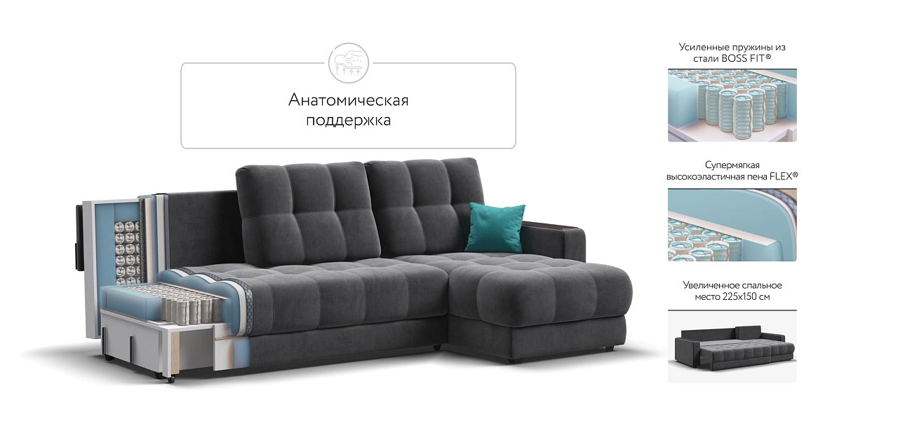 Угловой диван BOSS 3.0 Classic XL велюр Monolit серый