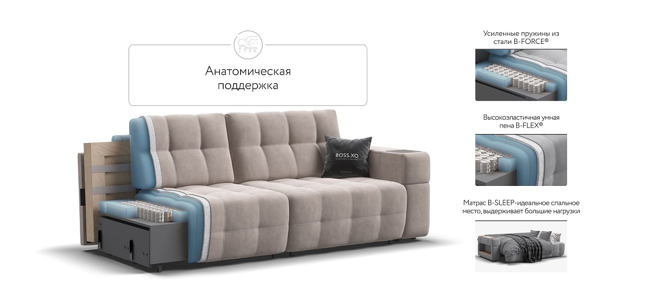 Диван BOSS.XO велюр Monolit латте / WOOD Snow