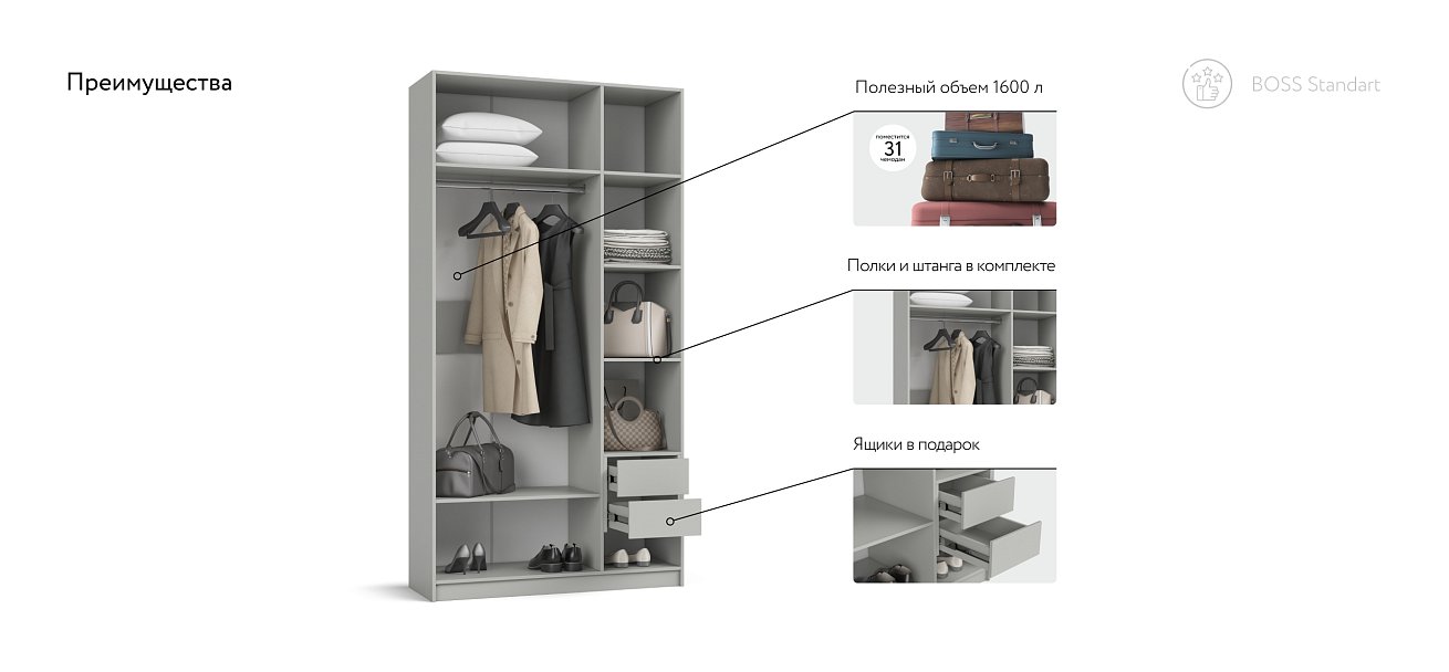 Шкаф BOSS STANDART 120 - 3Д Шиншилла серая
