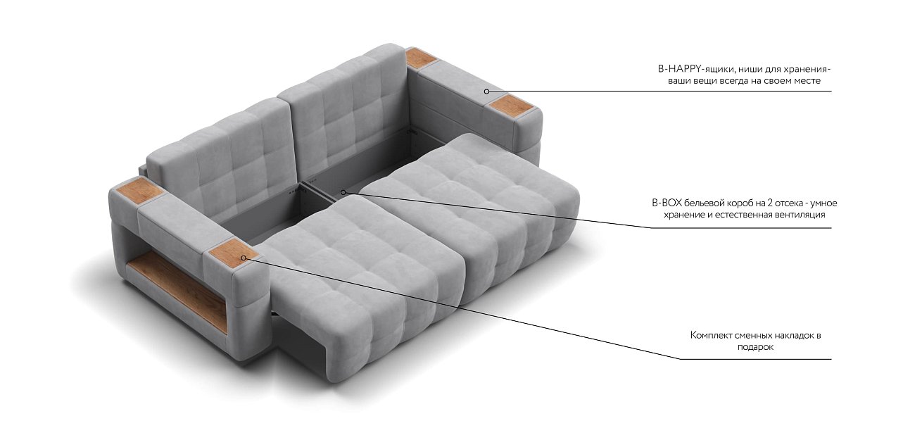 Диван BOSS.XO велюр Monolit сталь / WOOD Smok