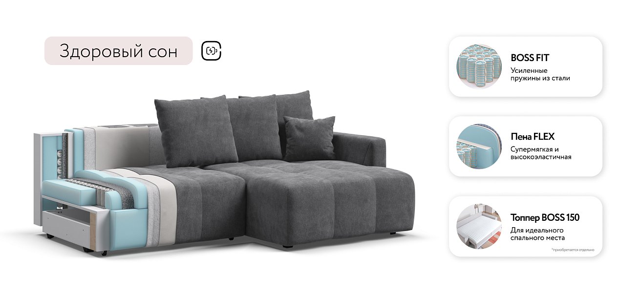 Угловой диван BOSS TREND Шенилл CLOUD графит