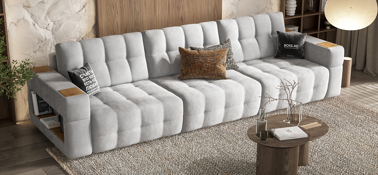 Диван BOSS.XO MAX велюр Monolit сталь / WOOD Smok