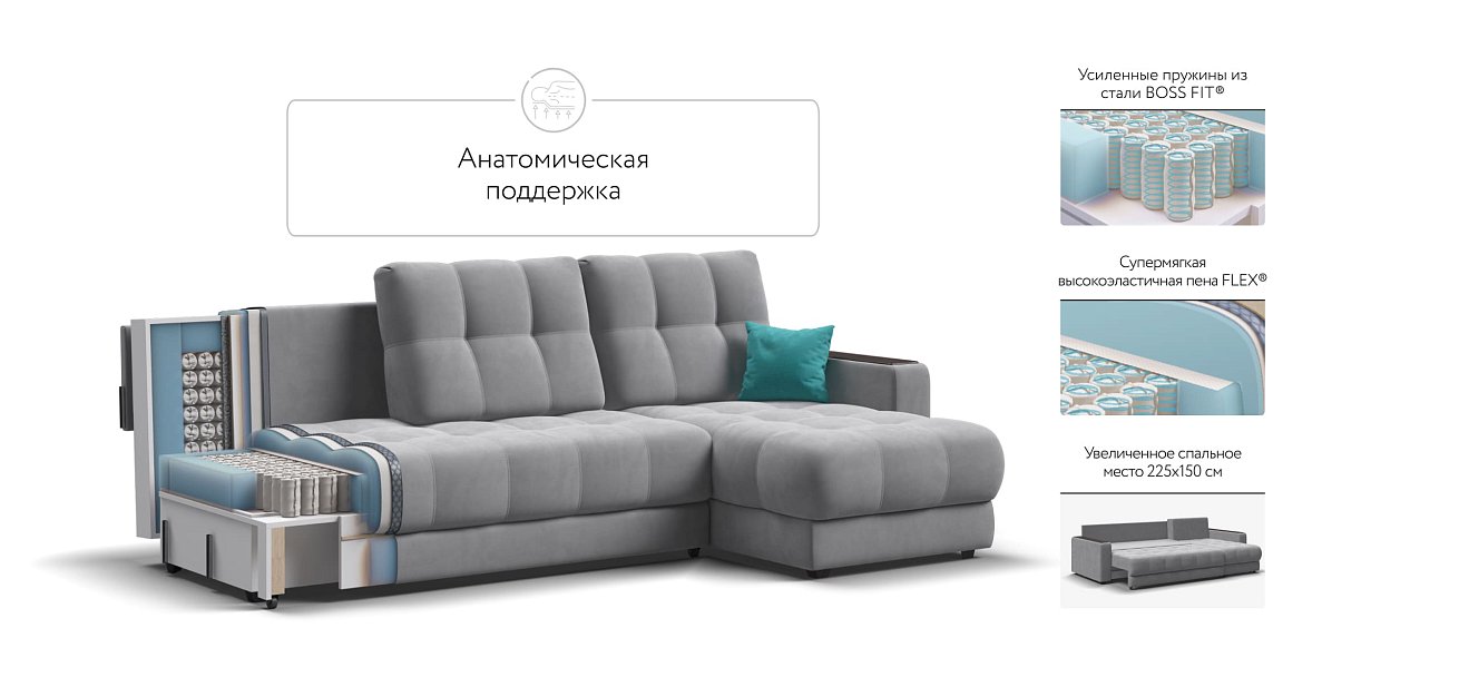 Угловой диван BOSS 3.0 Classic XL велюр Monolit сталь