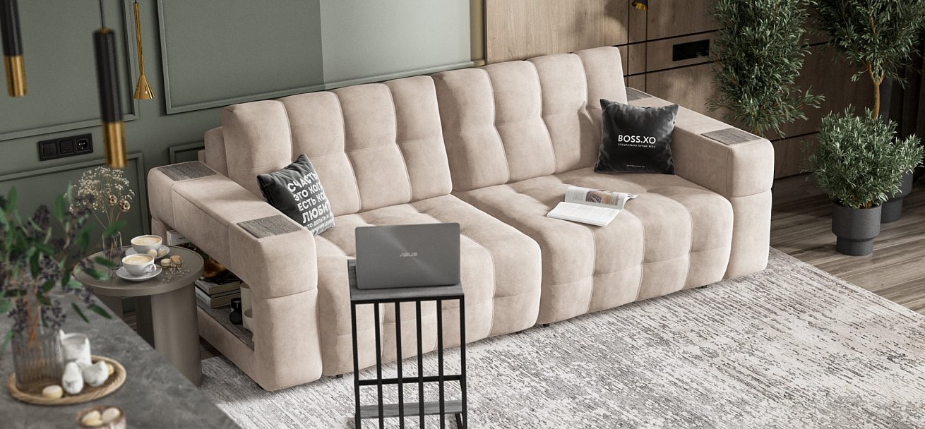 Диван BOSS.XO велюр Monolit латте / WOOD Snow