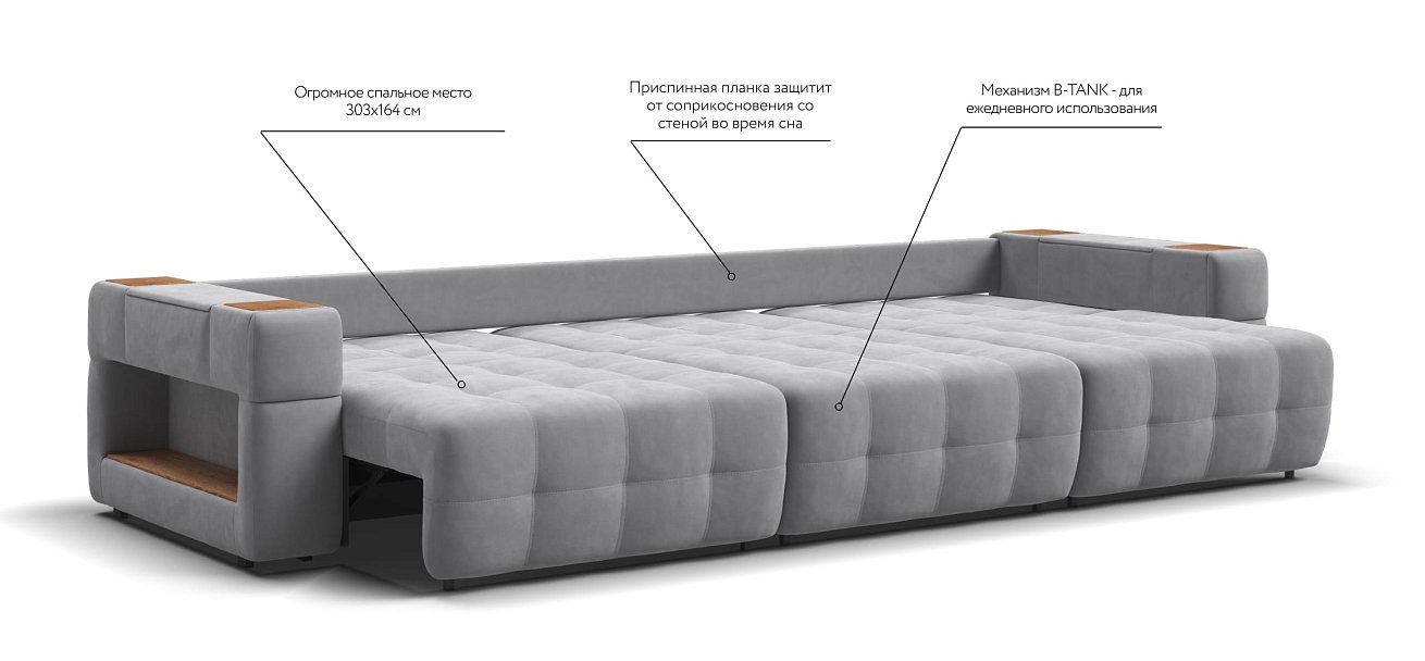 Диван BOSS.XO MAX велюр Monolit сталь / WOOD Smok