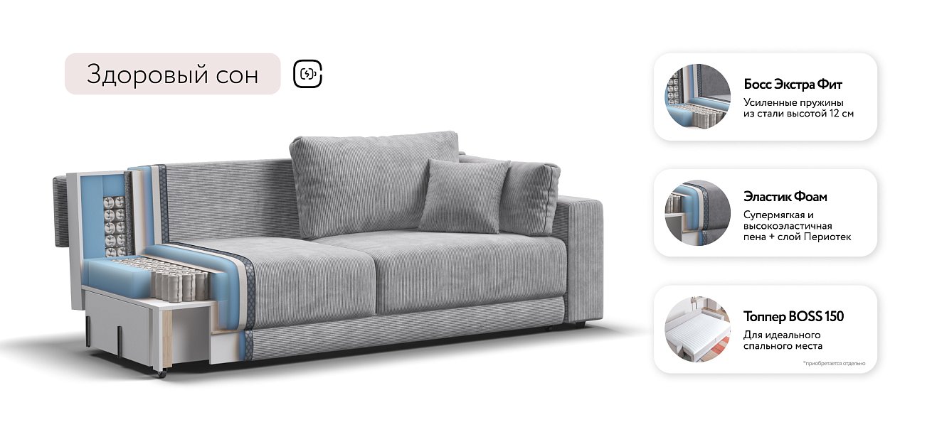 Диван Босс Прайм Вельвет CORD серый