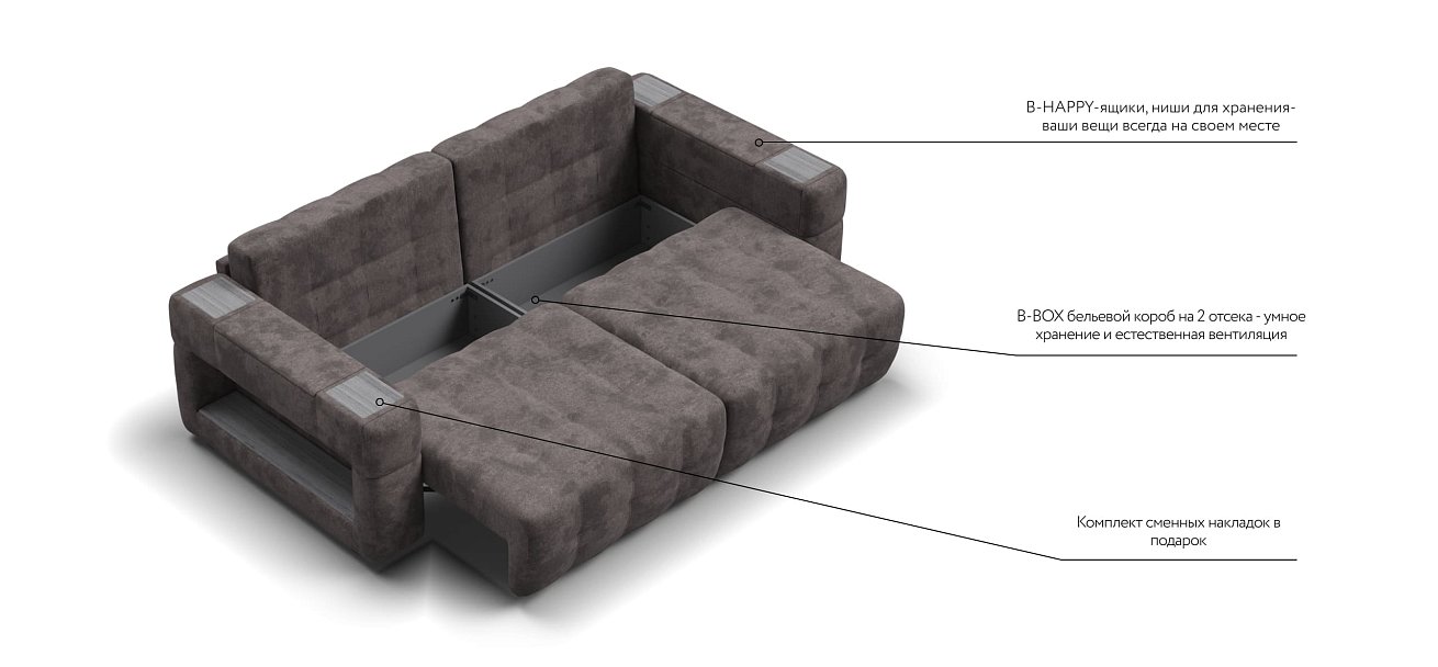 Диван BOSS.XO велюр Alkantara серый / WOOD Rock