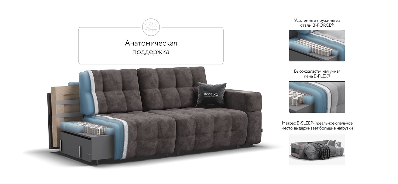 Диван BOSS.XO велюр Alkantara серый / WOOD Rock