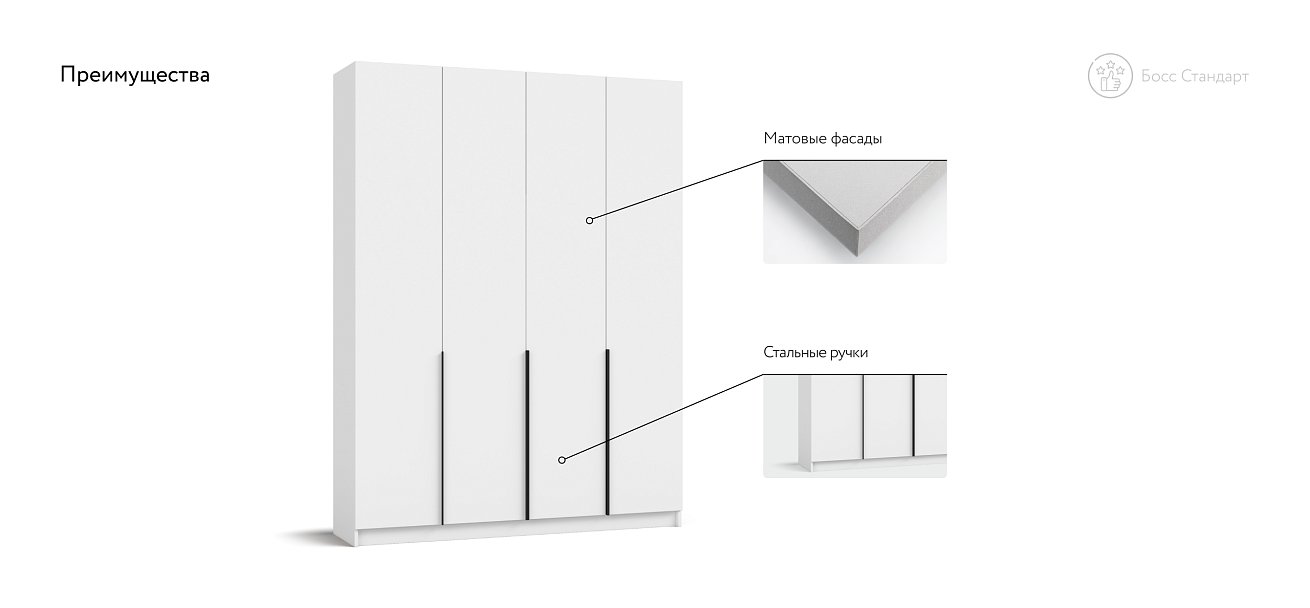 Босс Стандарт 160*220 шкаф распашной 4Д + ящики Белый