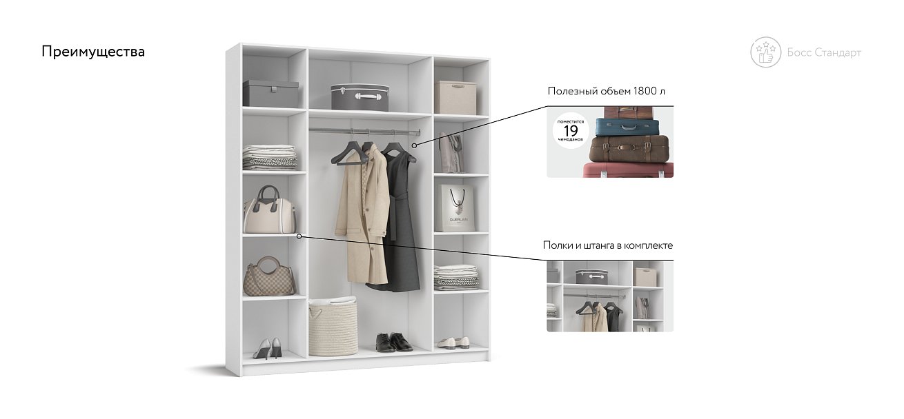 Босс Стандарт 180*220 шкаф распашной 4Д Белый