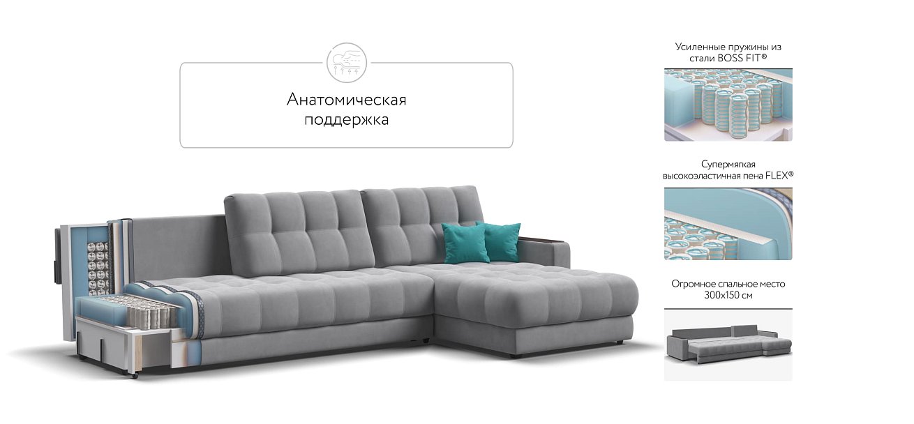 Угловой диван BOSS 3.0 MAX велюр Monolit сталь