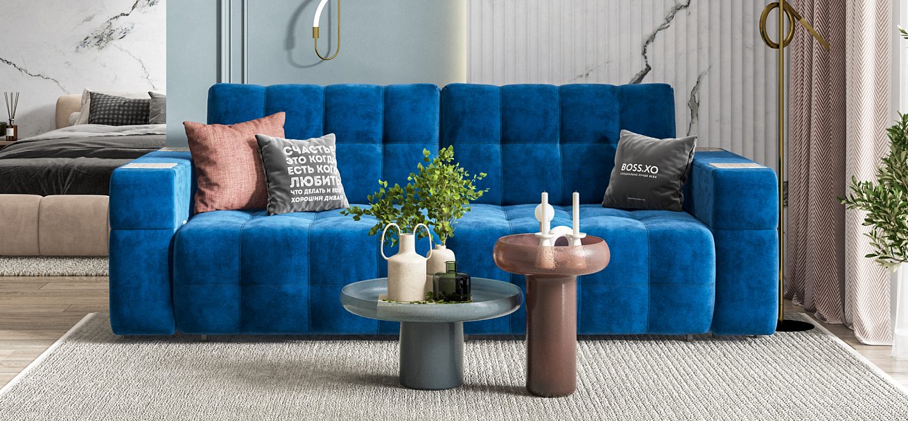 Диван BOSS.XO велюр Monolit синий / WOOD Rock