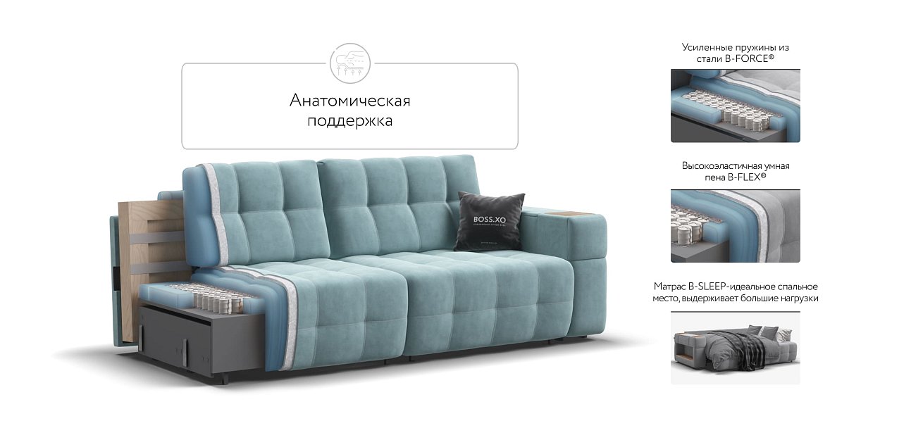 Диван BOSS.XO велюр Monolit аква / WOOD Snow