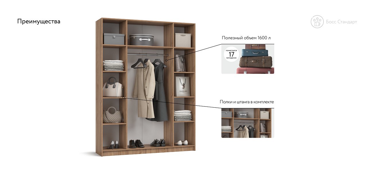 Босс Стандарт 160*220 шкаф распашной 4Д Орех Селект