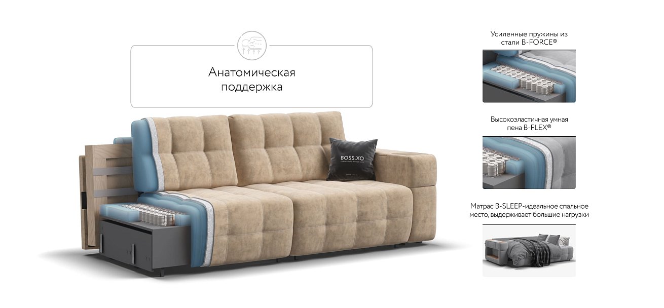 Диван BOSS.XO Велюр Royal шампань / WOOD Snow