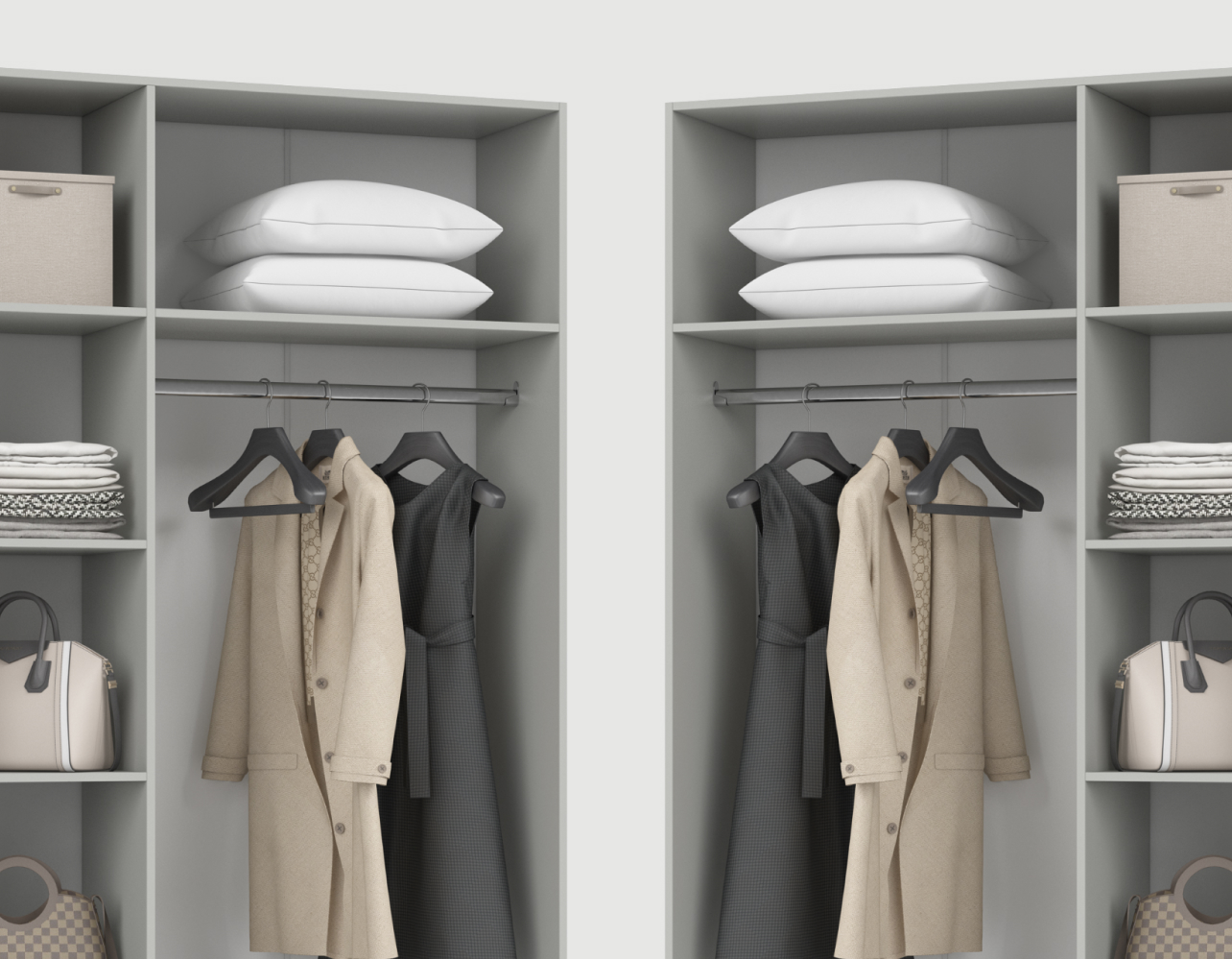 Полки и ящики можно установить с любой стороны - справа или слева. Шкаф адаптируется под вашу планировку и привычки, обеспечивая комфорт в использовании